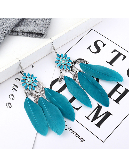 Fashion Blue Flower Feather Earrings
