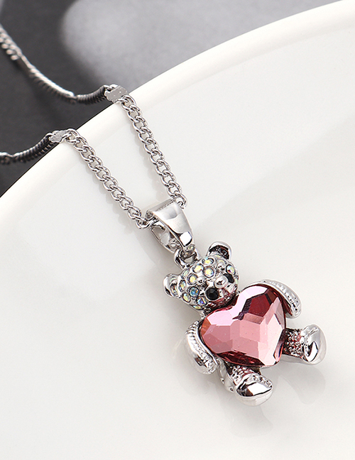 Fashion Classical Pink Bear Holding Heart Crystal Necklace