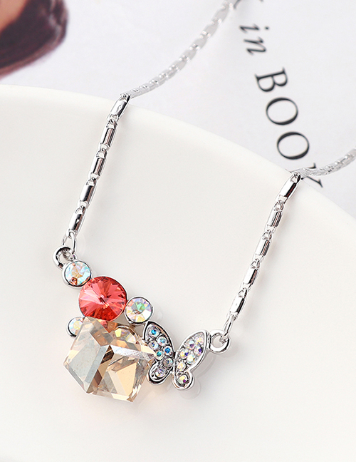 Fashion Water Lotus Red + Golden Phantom Butterfly Crystal Love Crystal Necklace