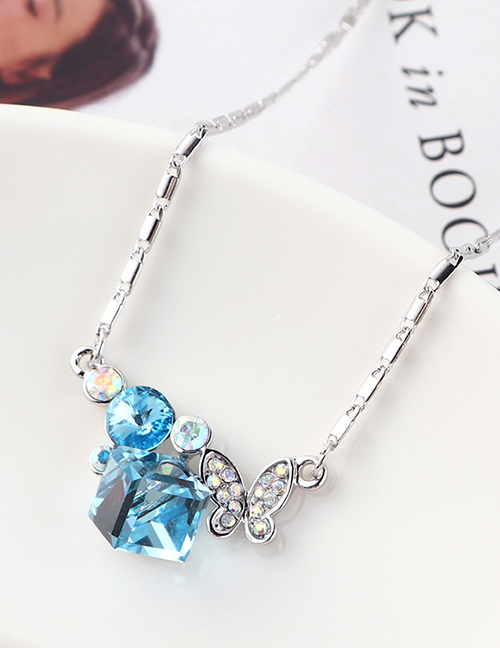 Fashion Sea Blue Butterfly Crystal Love Crystal Necklace