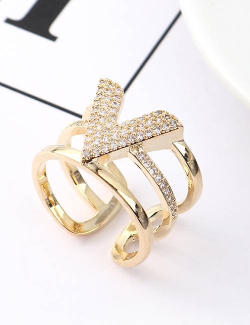Fashion 14k Gold Zircon Ring - V Letter