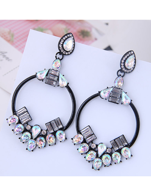 Fashion Black Metal Ring Gemstone Stud Earrings