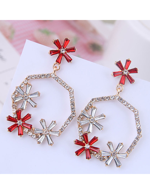 Fashion Gold + Maroon Metal Flash Diamond Ring Flower Earrings