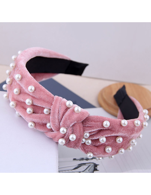 Fashion Pink Nail Pearl Velvet Knotted Headband