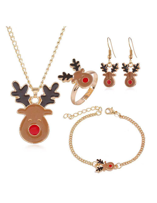 Fashion Gold Metal Christmas Series Four-piece Necklace Earrings Ring Bracelet