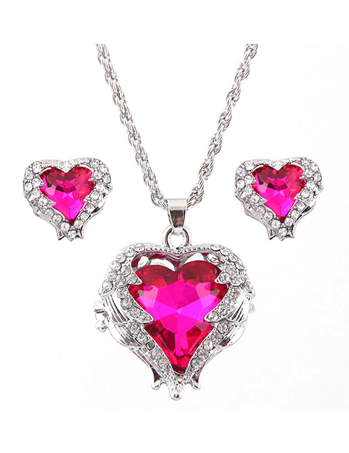 Fashion Rose Red Metal Angel Love Gemstone Necklace Earring Set
