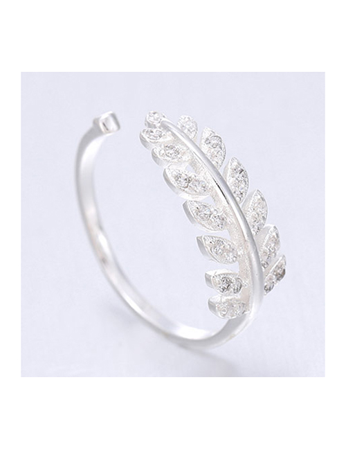 Fashion Silver Zircon Leaf Open Ring