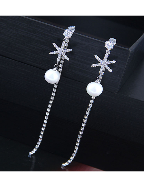 Fashion Silver  Silver Pin Inlaid Zirconium Snowflake Pearl Tassel Earrings