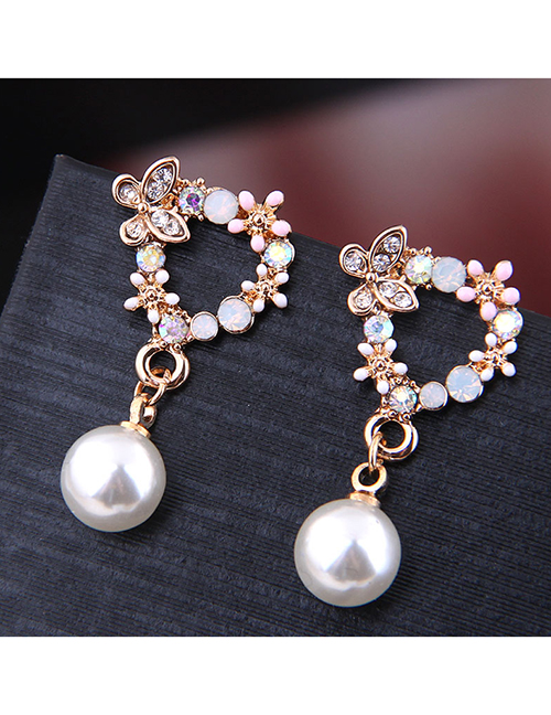 Fashion Pink Love Flower Pearl Stud Earrings