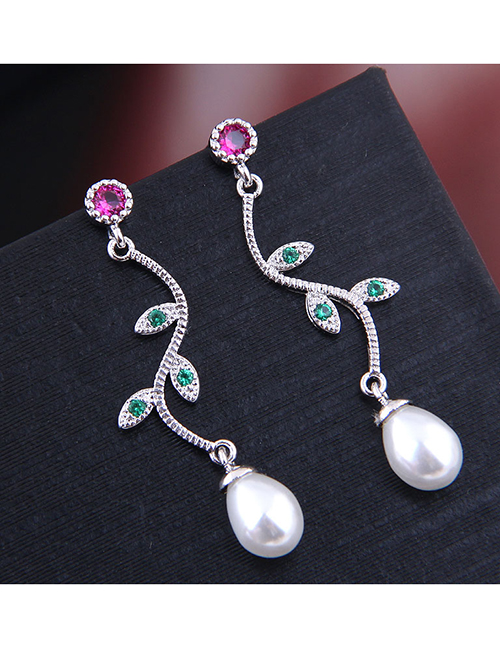 Fashion Silver Zirconium Leaf Pearl Stud Earrings