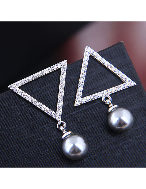 Fashion Silver Zirconium Triangle Pearl Stud Earrings