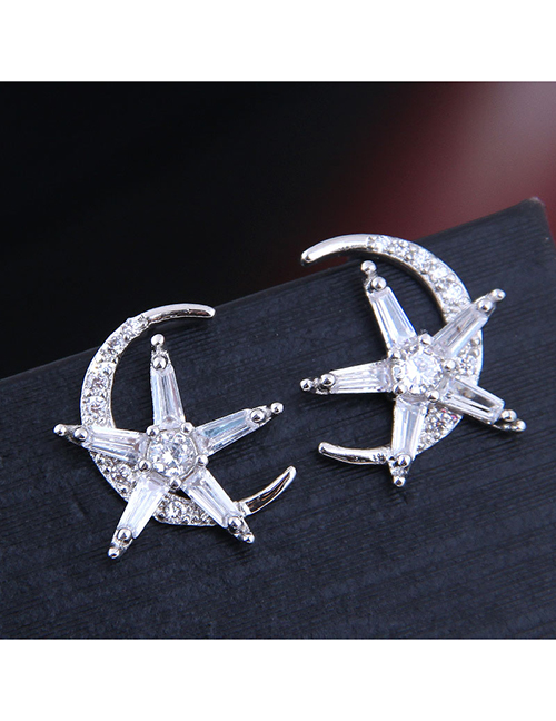 Fashion Silver Zircon Star And Moon Earrings