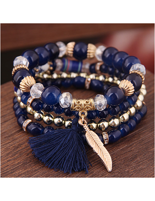 Fashion Blue Acrylic Beaded Fringe Leaf Pendant Multilayer Bracelet