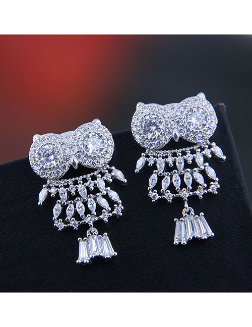 Fashion Silver  Silver Needle Copper Micro-inlaid Zircon Owl Stud Earrings