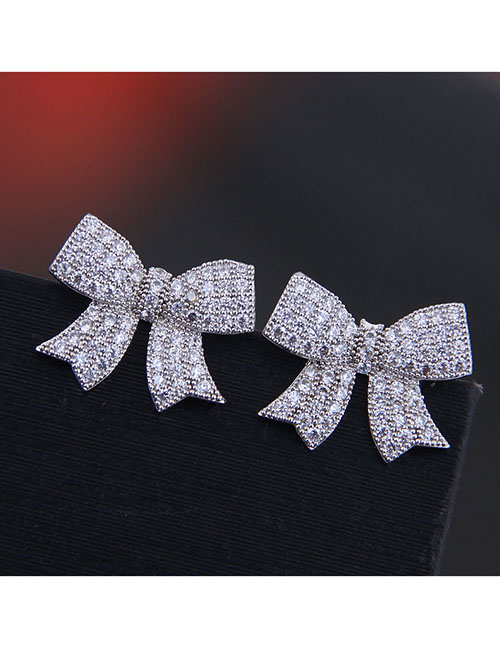 Fashion Silver  Silver Pin Copper Micro Inlaid Zircon Bow Earrings