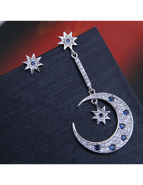 Fashion Silver  Silver Needle Copper Micro-inlaid Zircon Star And Moon Asymmetrical Earrings