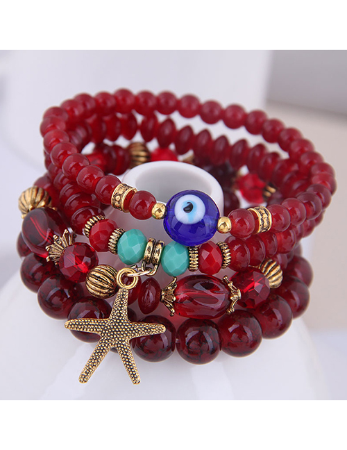 Fashion Red Metal Starfish Eyebrow Multilayer Bracelet