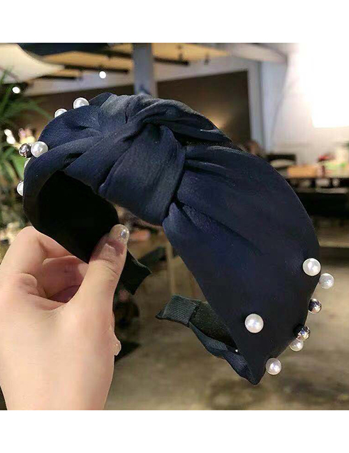 Fashion Navy Pearl Fabric Knotted Wide Edge Hair Band