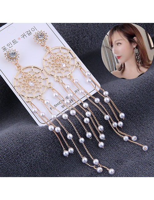 Fashion Golden Dreamcatcher Pearl Tassel Stud Earrings With Diamonds