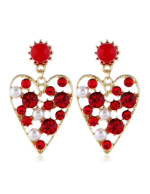 Fashion Red Diamond Peach Heart Stud Earrings