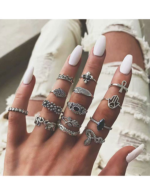Fashion Silver Flower Palm Snake Cutout Ring Set With Diamonds