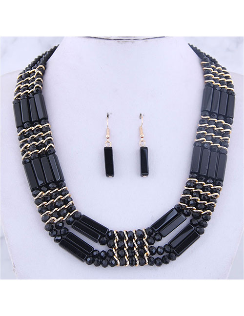 Fashion Black Metal Crystal Bead Contrast Necklace Earring Set