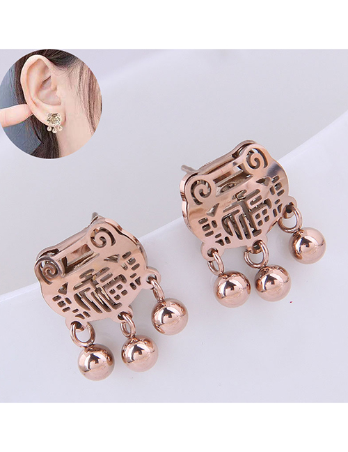 Fashion Rose Gold Long Life Lock Blessing Round Beads Stud Earrings