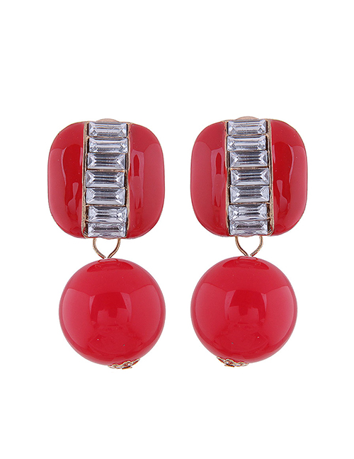 Fashion Red Contrast Pearl And Diamond Geometric Stud Earrings