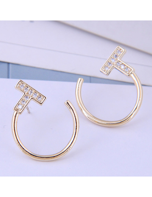 Fashion  Silver Needle + Copper + Zircon Geometric C-shaped Stud Earrings With Diamonds