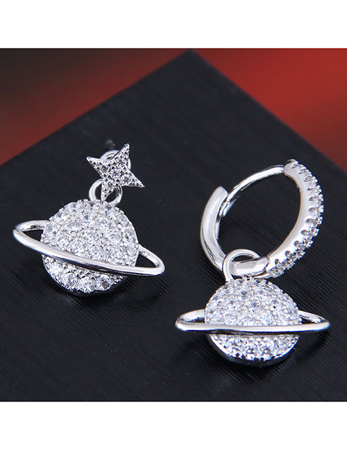 Fashion Silver Copper Asymmetric Zircon Saturn Stud Earrings