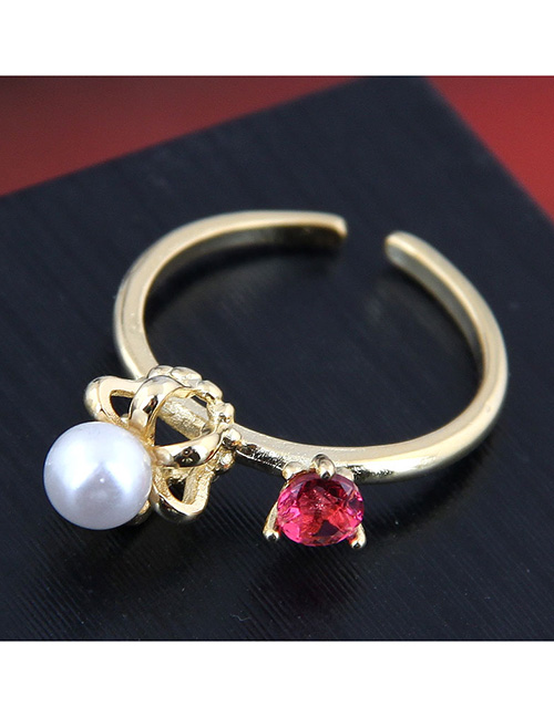 Fashion Golden Open Crown Ring With Pearl And Diamonds
