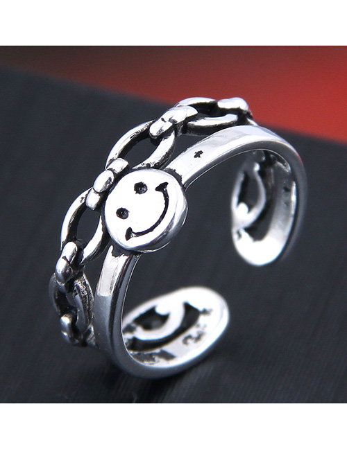 Fashion Silver Openwork Smiley Ring With Chain