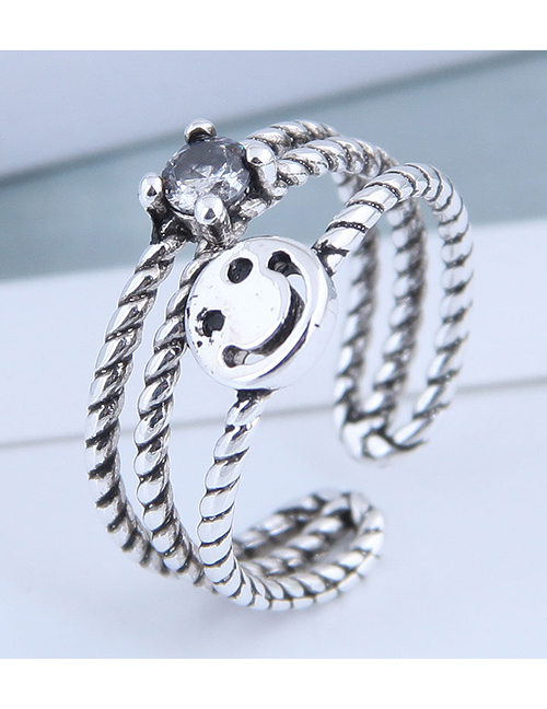 Fashion Silver Cutout Smiley Face Open Ring With Diamonds