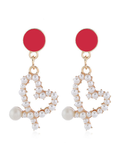 Fashion Red Irregular Heart Pierced Earrings With Pearl Drop Oil