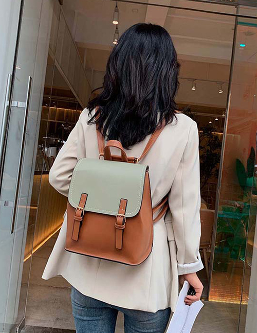 Fashion Green Brown Contrast Stitching Backpack