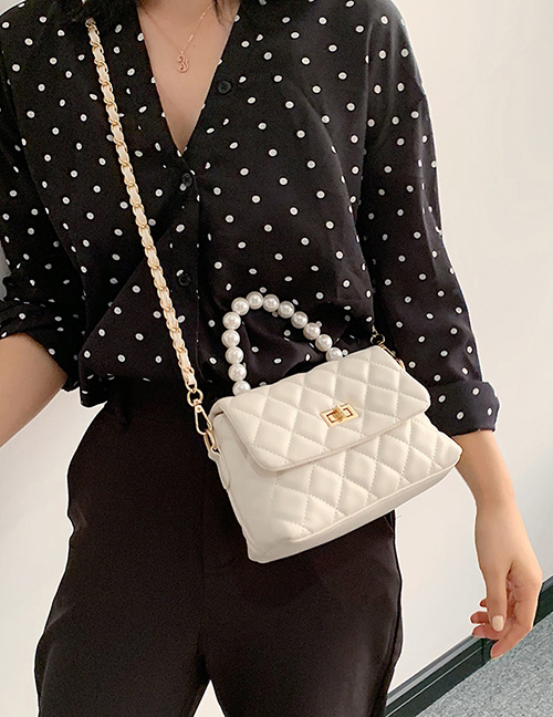 Fashion White Chain Lingge Pearl Handbag Shoulder Messenger Bag