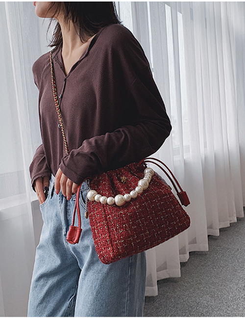 Fashion Red Wool Pearl Handbag Shoulder Messenger Bag