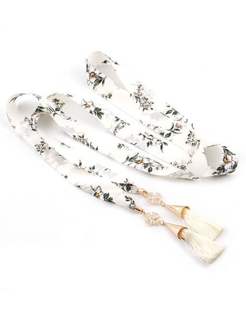 Fashion White Floral Scarf Knotted Cloth Crystal Fringed Girdle