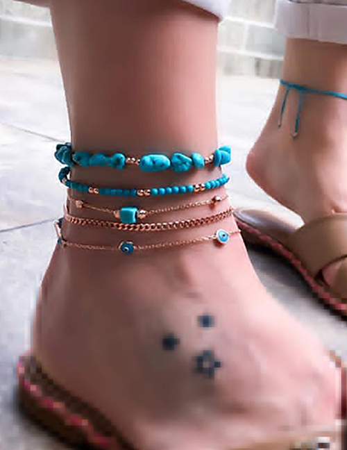 Fashion Gold Turquoise Rice Beads Chain Eye Anklet 5 Sets