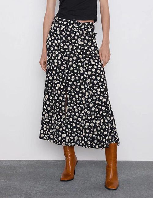 Fashion Black Daisy Printed Skirt