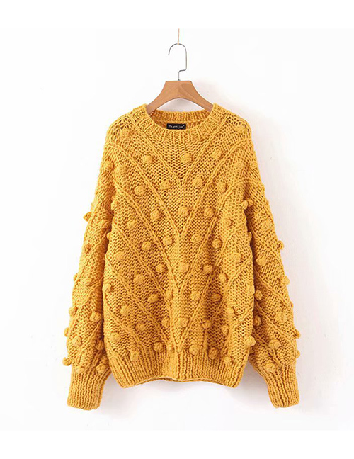 Fashion Yellow Crocheted Ball Stitching Round Neck Sweater