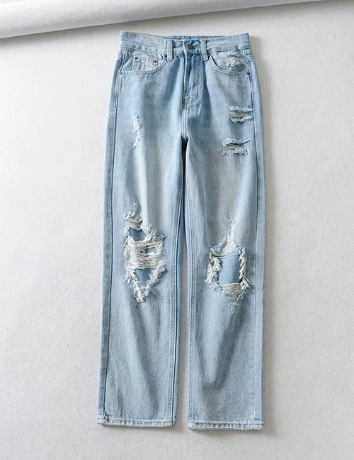 Fashion Light Blue Washed Holes In Washed Jeans