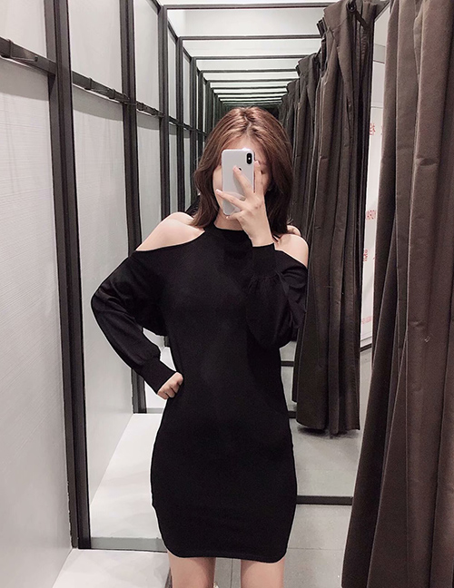 Fashion Black Solid Color Knit Off-the-shoulder Dress