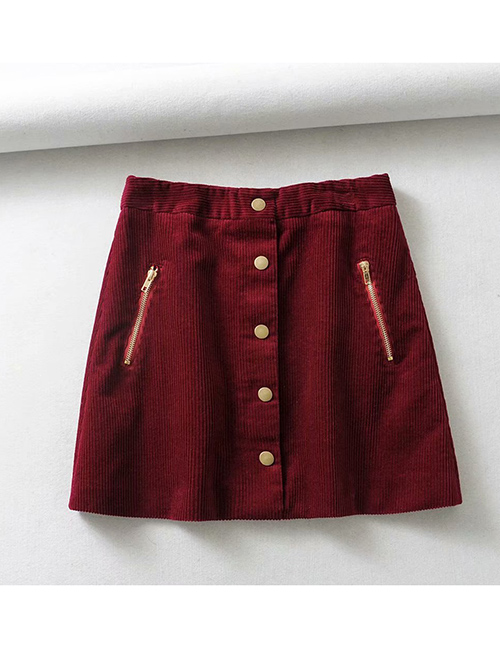 Fashion Red Wine Solid Color Corduroy Double Zip Skirt
