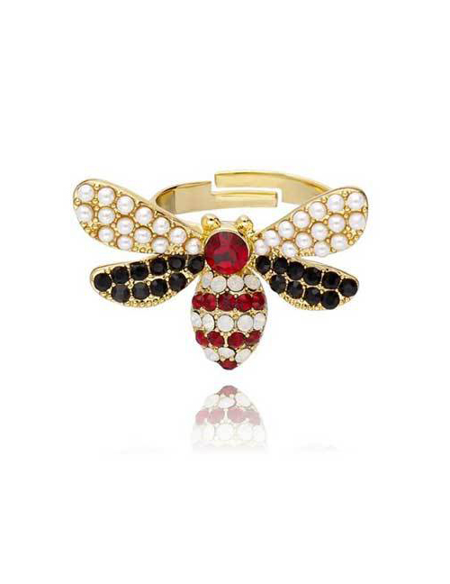 Fashion Red Black And White Little Bee Crystal Open Ring