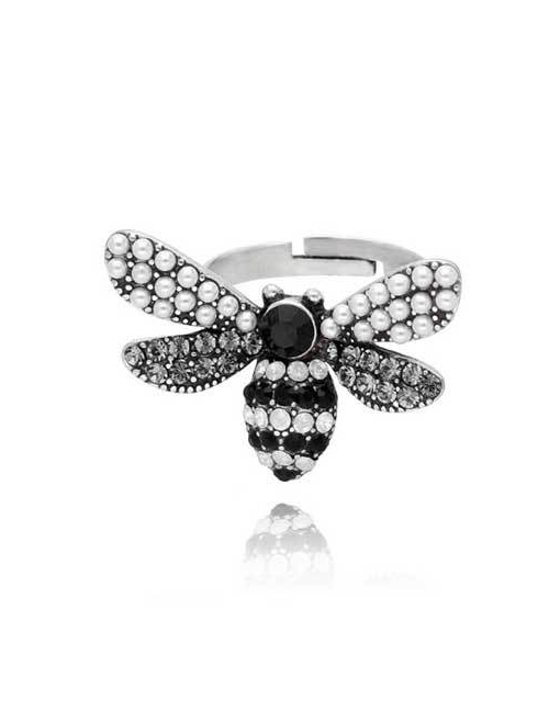Fashion Black Little Bee Crystal Open Ring