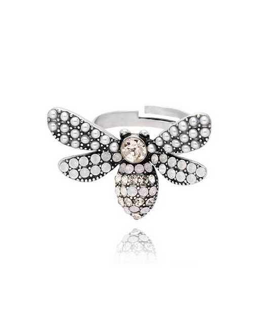 Fashion Silver Little Bee Crystal Open Ring
