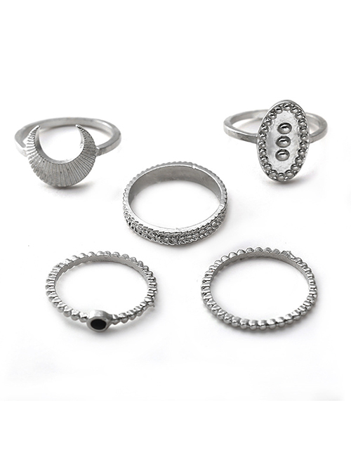 Fashion Silver Moon Ring Set Of 5