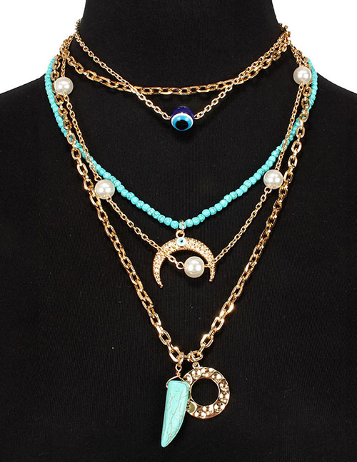 Fashion Gold Moon Pine Stone Imitation Pearl Multi-layer Combination Necklace