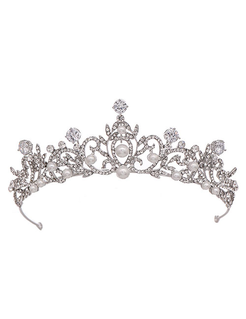 Fashion Silver Zircon Pearl Crown Headband